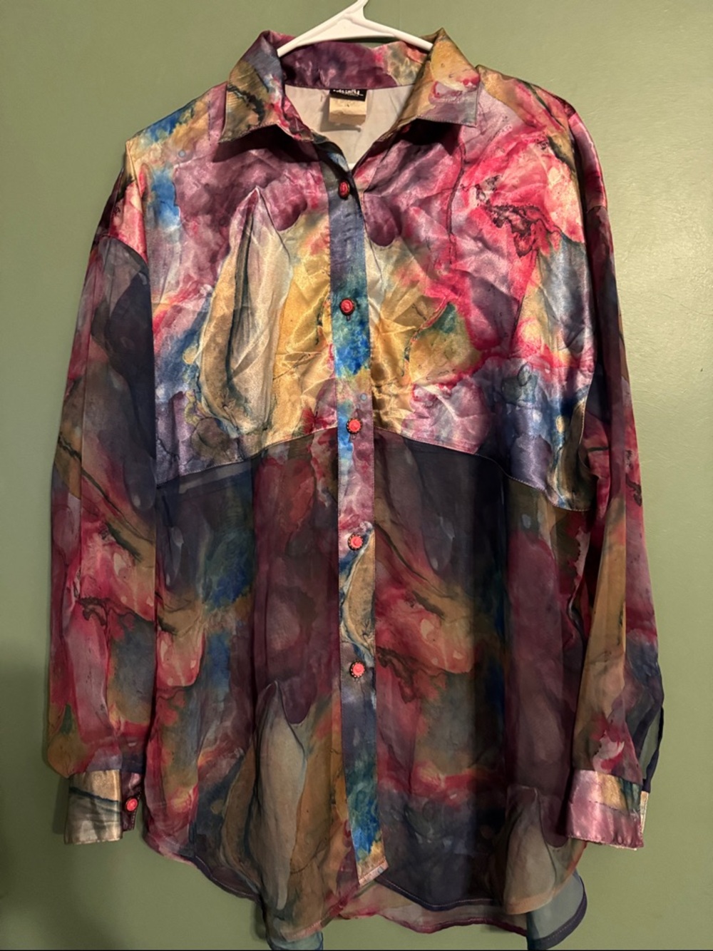 Vintage Watercolor Judy Knapp Sheer Panel Blouse w/ Pink Buttons Large oversize